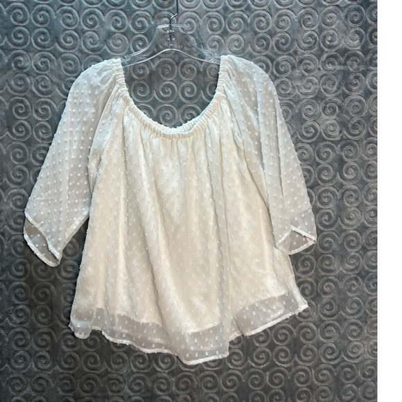 miami Tops - Miami Textured Dot Off The Shoulder Blouse White Sheer Sleeve Size M‎
